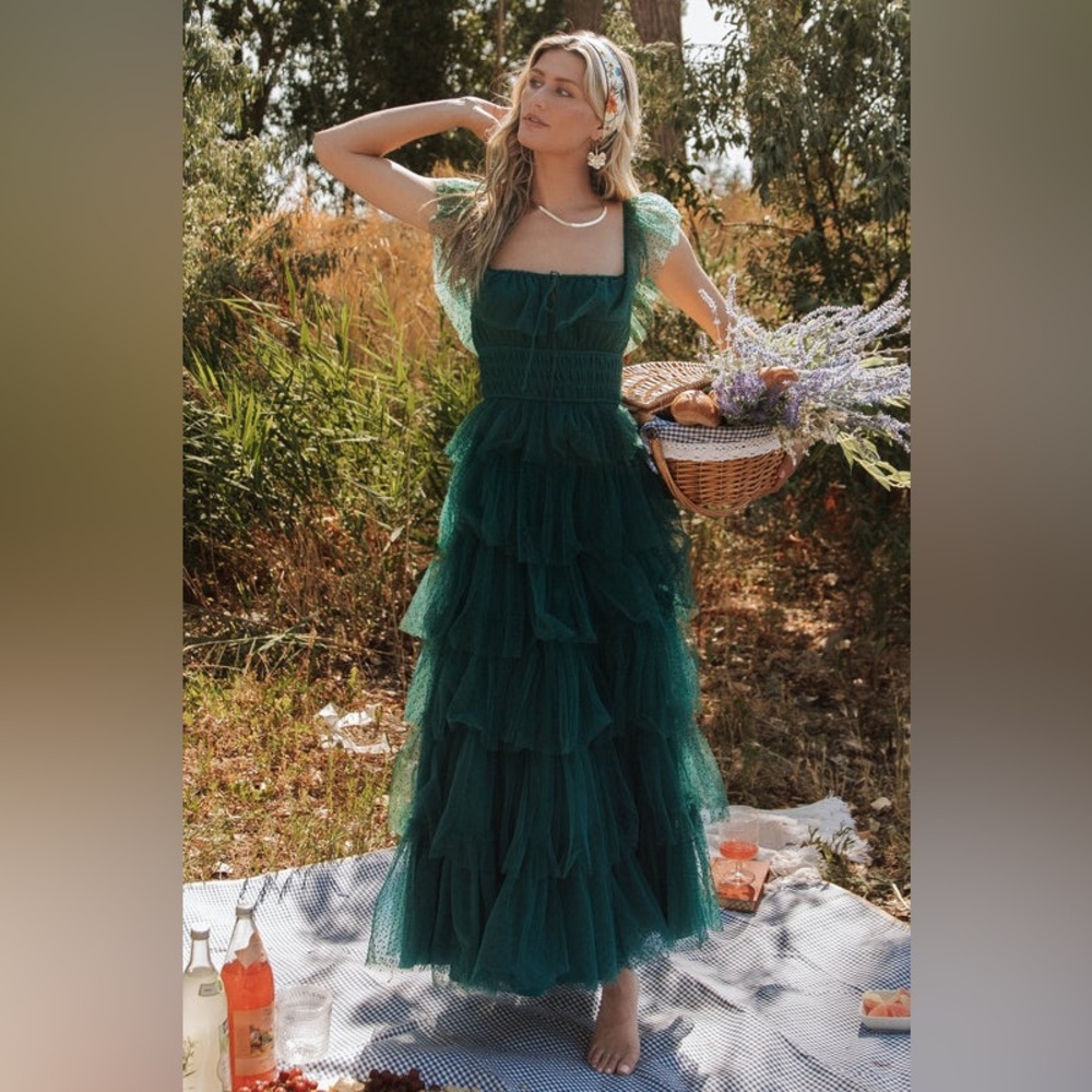 Baltic Born Valora Swiss Dot Tulle Tiered Maxi Dress Green L